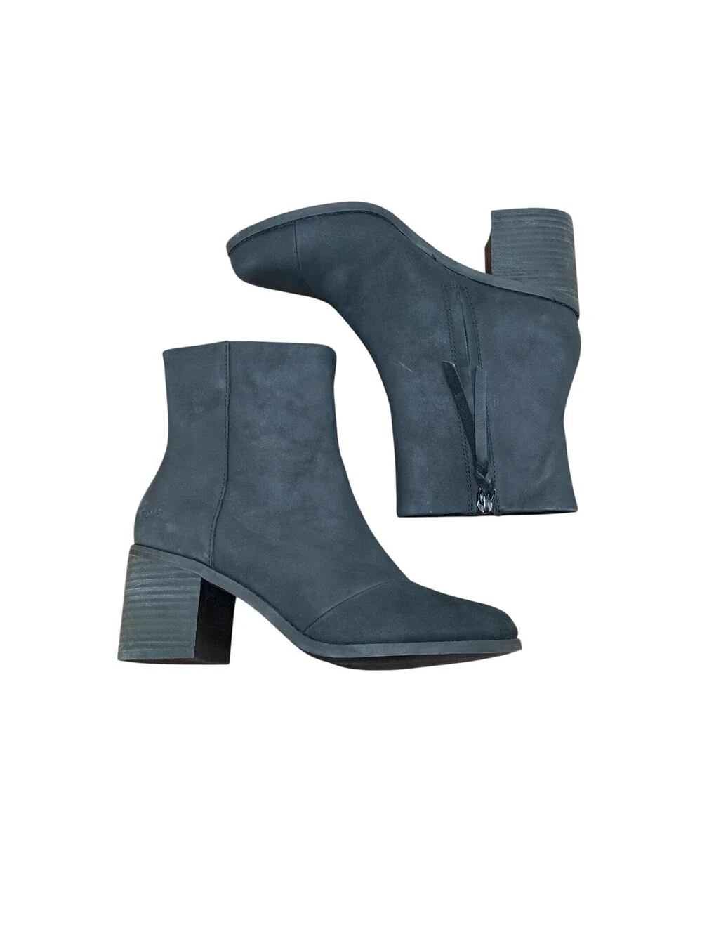 TOMS Evelyn Black Leather Heeled Ankle Boots Side Zip Block Heel Women's 8.5